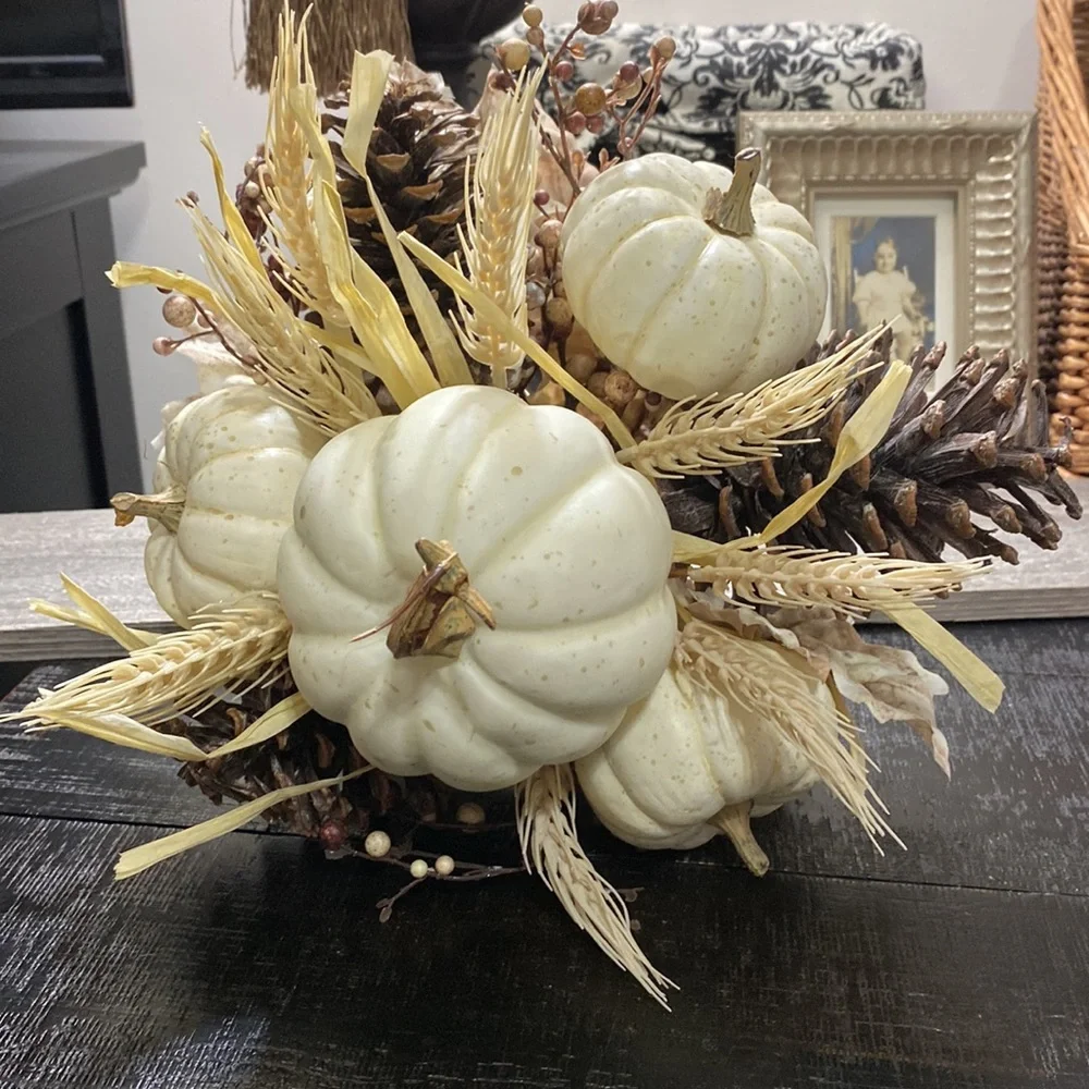 NWT Neutral White Pumpkin and Pinecone Fall Bouquet - Home Accents!